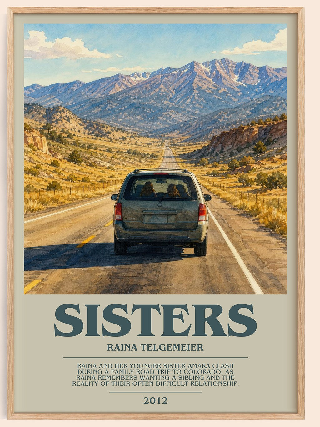 Sisters bookish book poster by Raina Telgemeier – framed literary art print