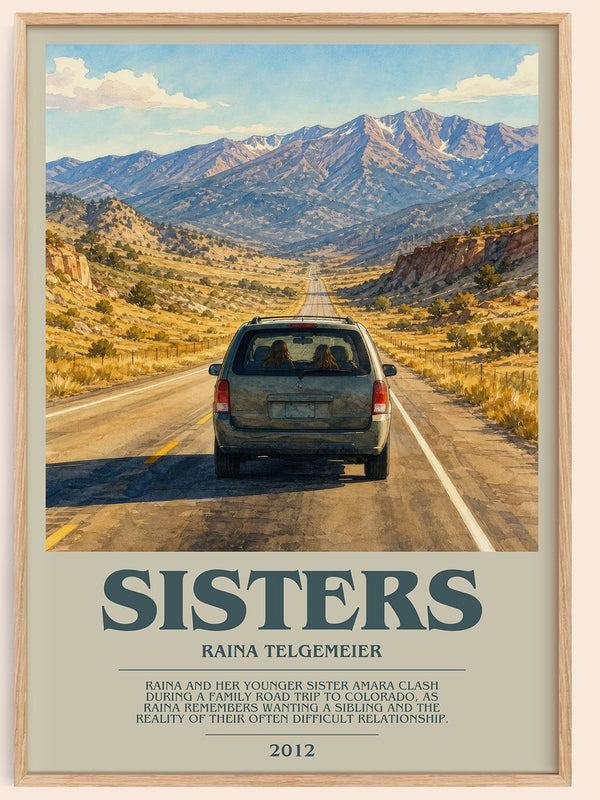 Sisters bookish book poster by Raina Telgemeier – framed literary art print