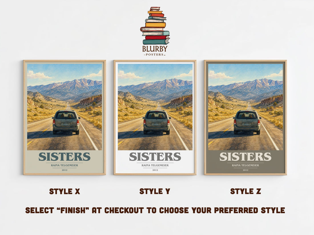 Sisters book cover print in frame leaning in hallway – memoir wall art (mockup)