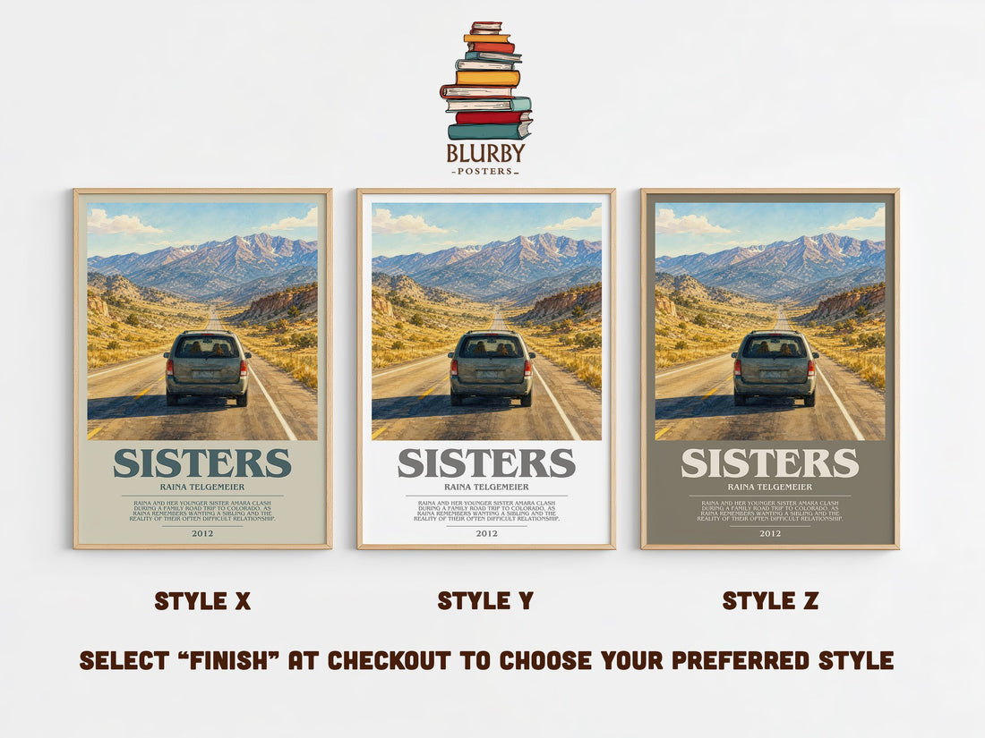 Sisters bookish print in frame leaning in hallway – memoir wall art (mockup)