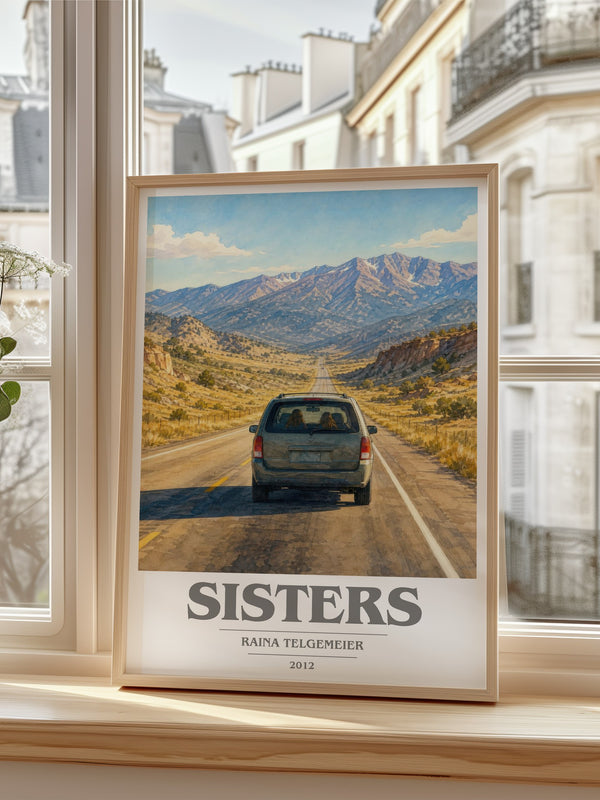 Sisters book cover poster colour and style options – Raina Telgemeier book art