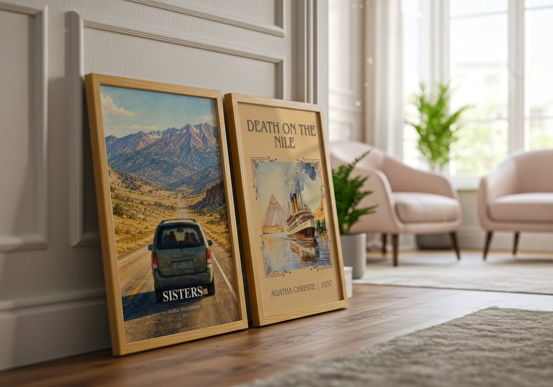 Sisters watercolour print framed by window – literary home decor