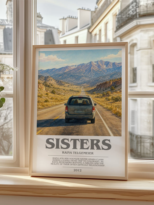 Sisters bookish poster colour and style options – Raina Telgemeier book art