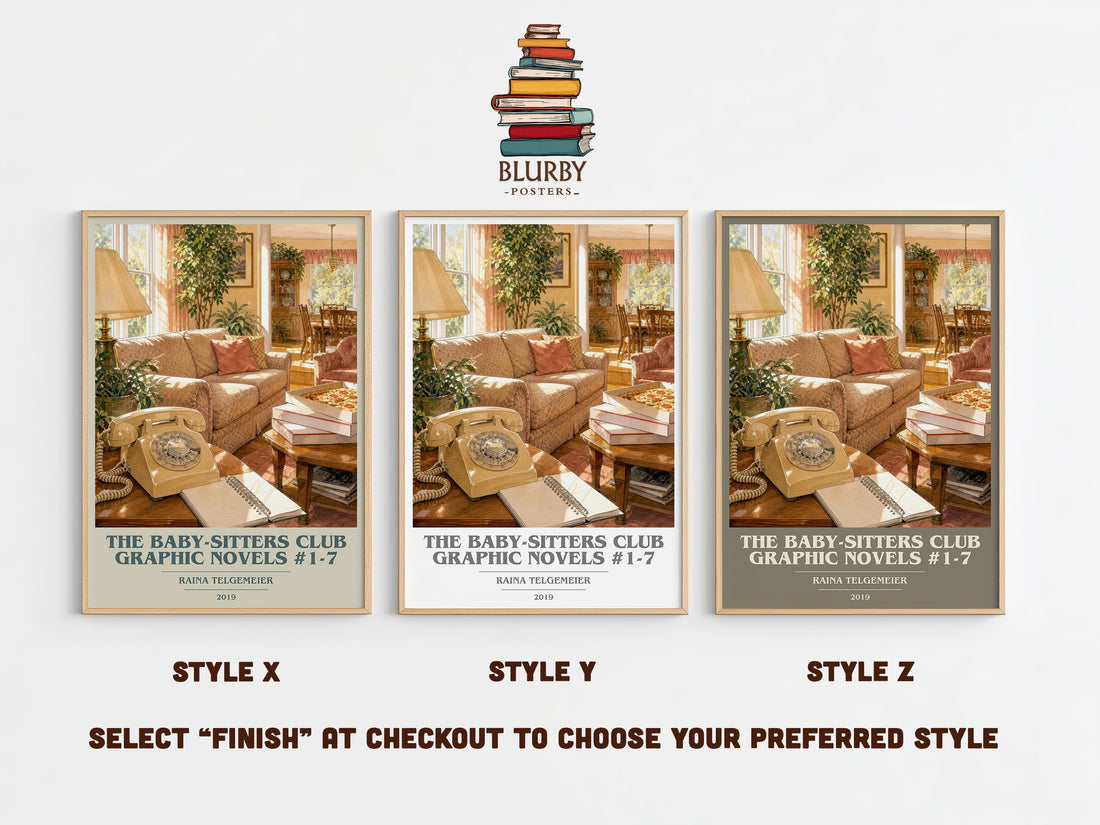 The Baby-Sitters Club Graphic Novels #1-7 book cover print in frame leaning in hallway – childrens wall art (mockup)