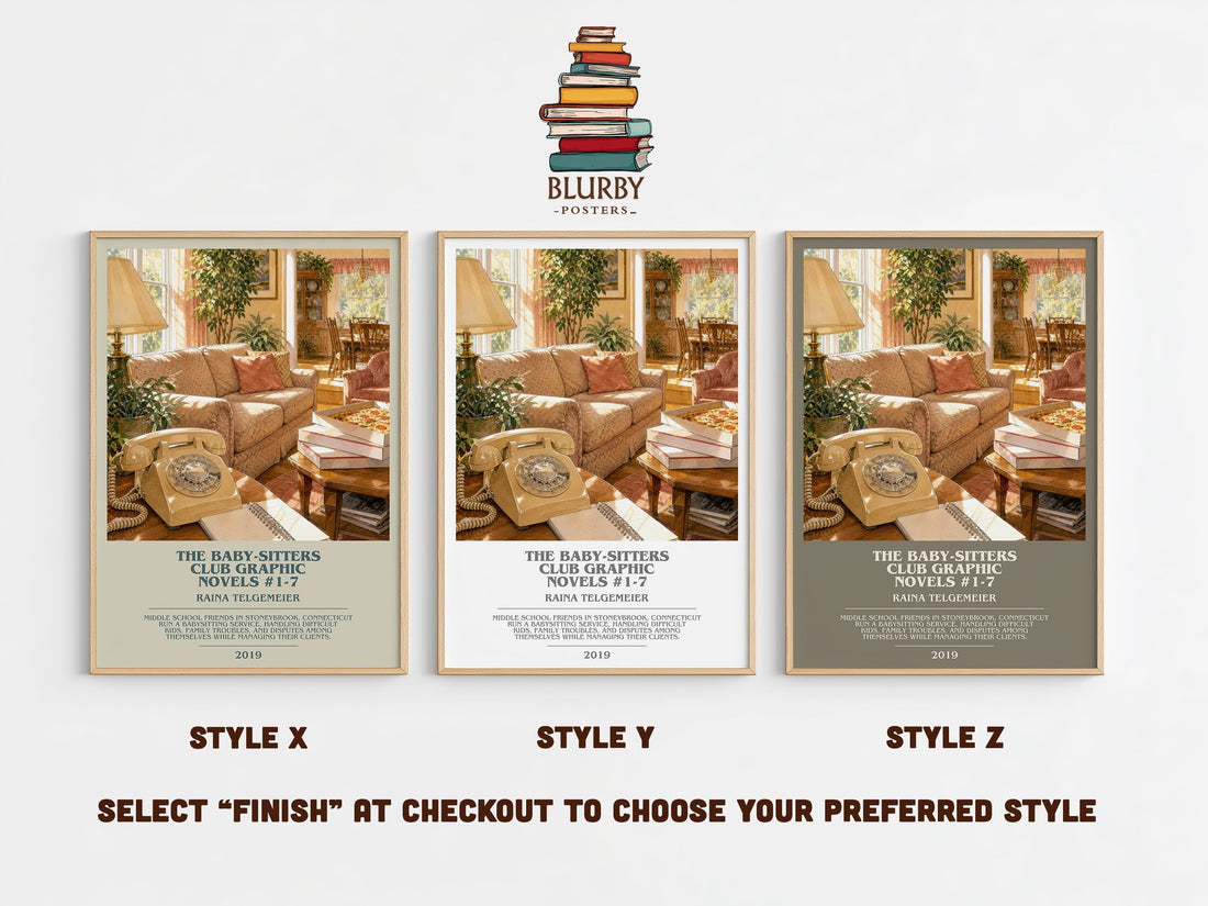 The Baby-Sitters Club Graphic Novels #1-7 bookish print in frame leaning in hallway – childrens wall art (mockup)