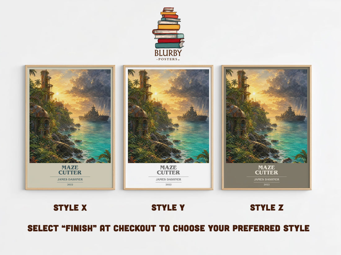Maze Cutter book cover print in frame leaning in hallway – dystopian wall art (mockup)