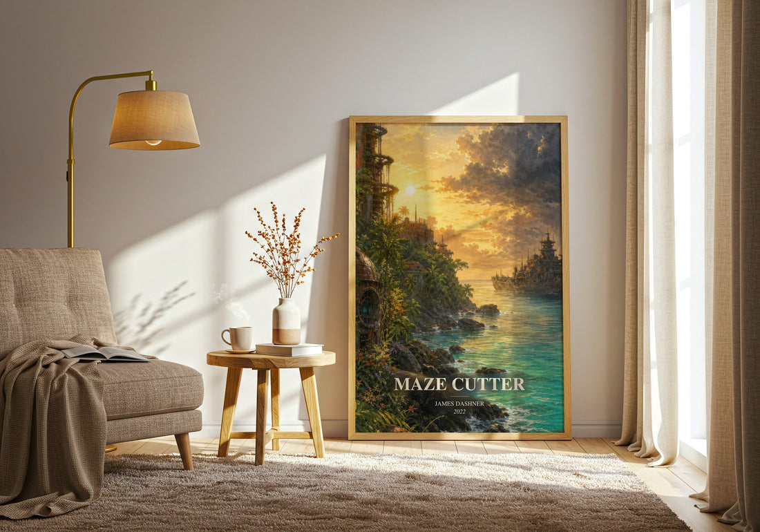 Maze Cutter watercolour print in frame leaning in hallway – dystopian wall art