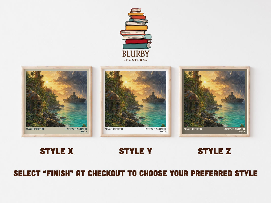 Maze Cutter literary print in frame leaning in hallway – dystopian wall art (mockup)