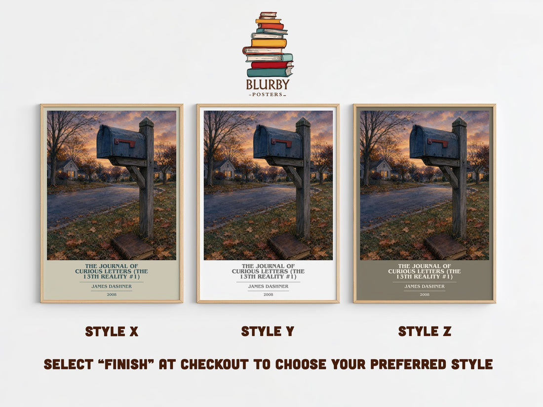 The Journal of Curious Letters (The 13th Reality #1) book cover print in frame leaning in hallway – young adult wall art (mockup)