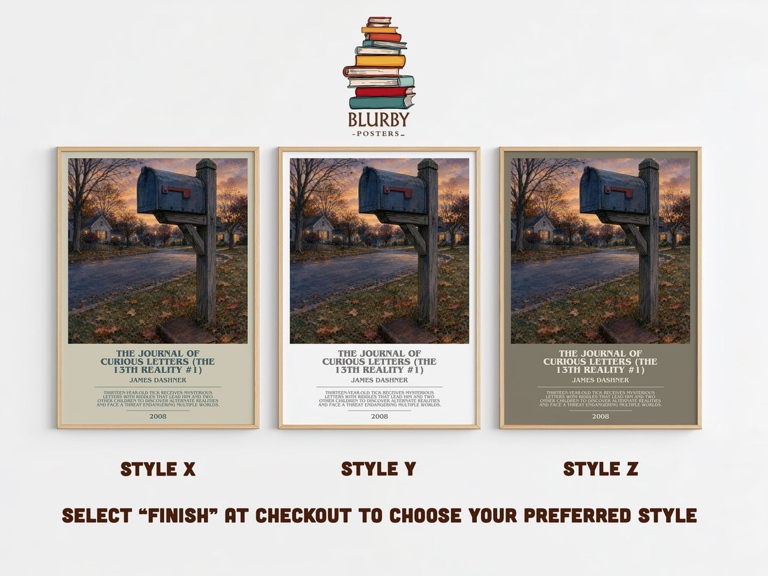 The Journal of Curious Letters (The 13th Reality #1) bookish print in frame leaning in hallway – young adult wall art (mockup)