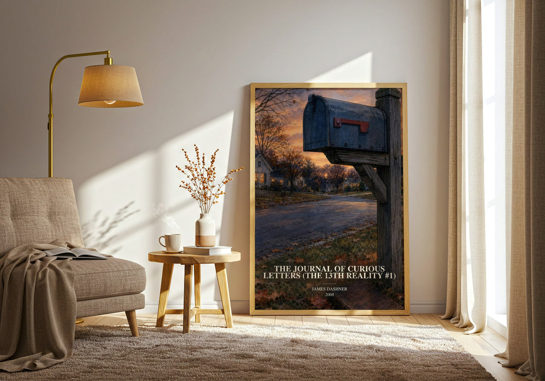 The Journal of Curious Letters (The 13th Reality #1) watercolour print in frame leaning in hallway – young adult wall art
