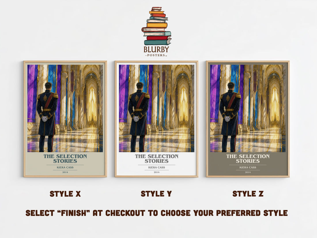 The Selection Stories book cover print in frame leaning in hallway – young adult wall art (mockup)