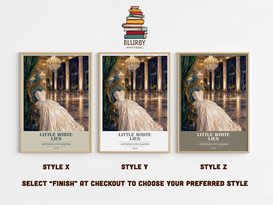 Little White Lies book cover print in frame leaning in hallway – young adult wall art (mockup)