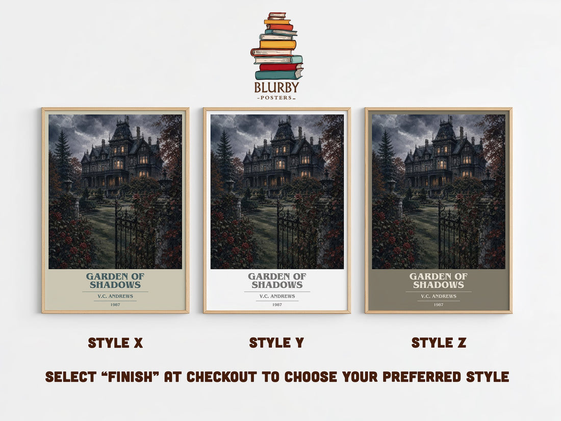 Garden of Shadows book cover print in frame leaning in hallway – gothic wall art (mockup)