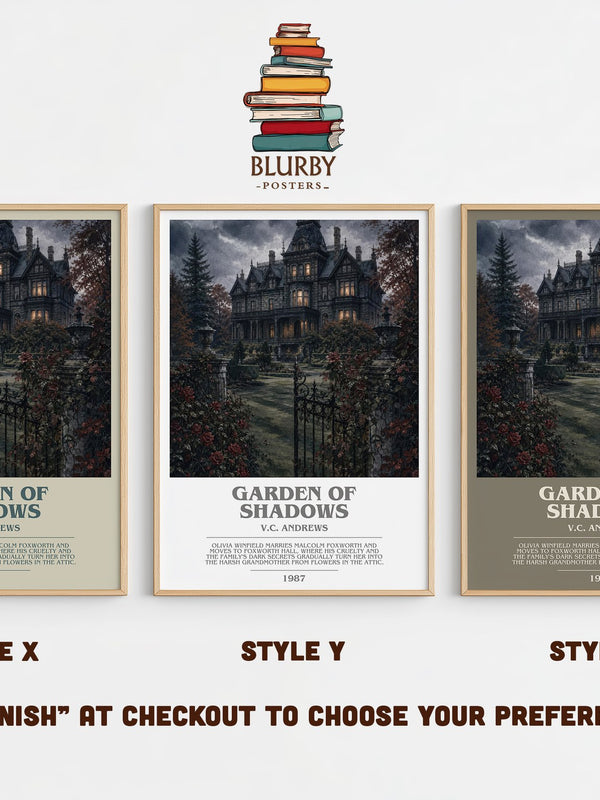 Garden of Shadows bookish print in frame leaning in hallway – gothic wall art