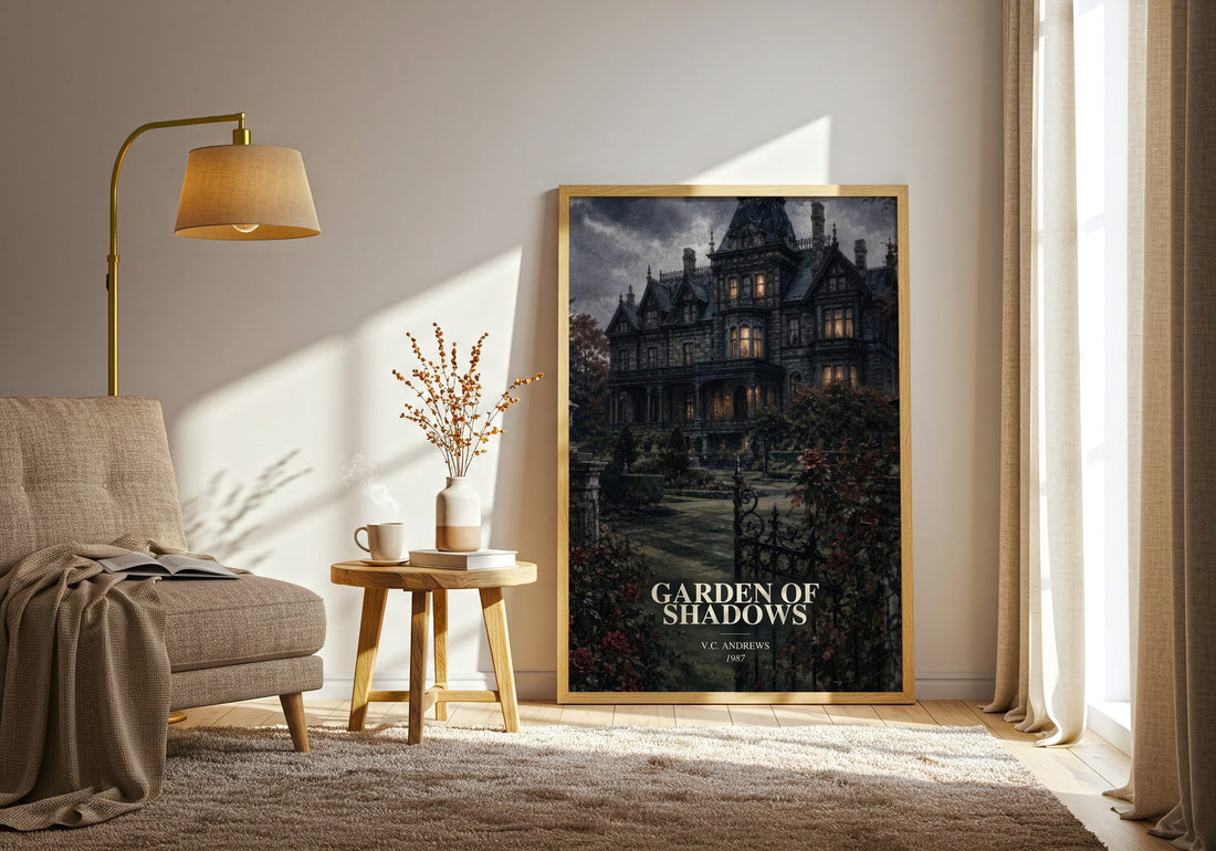 Garden of Shadows watercolour print in frame leaning in hallway – gothic wall art