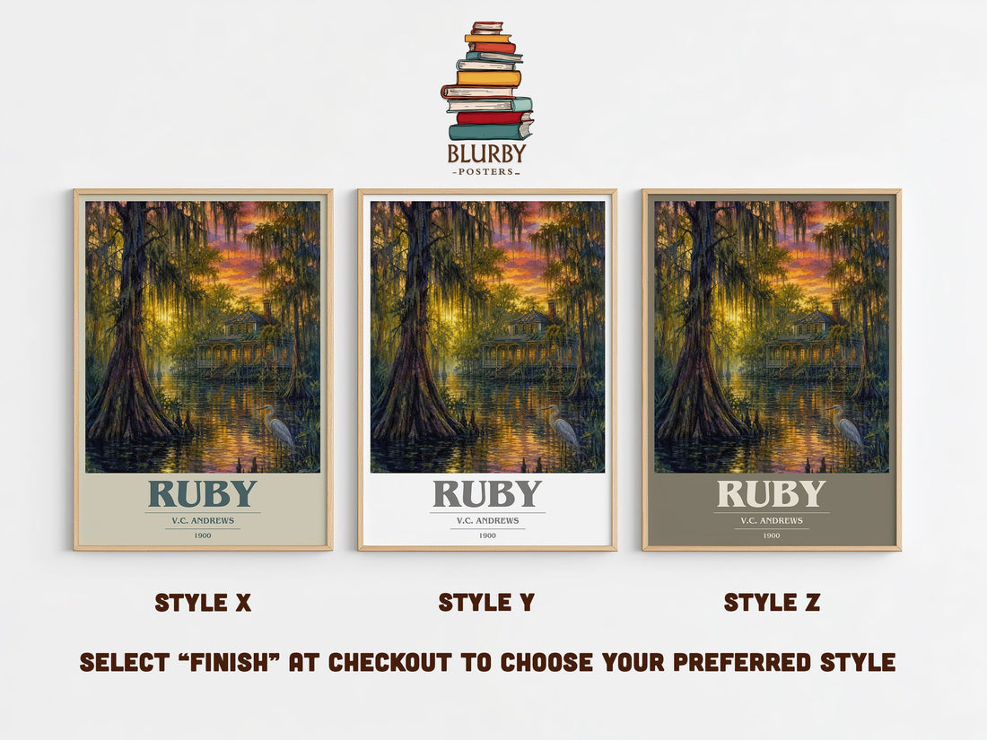 Ruby book cover print in frame leaning in hallway – gothic wall art (mockup)
