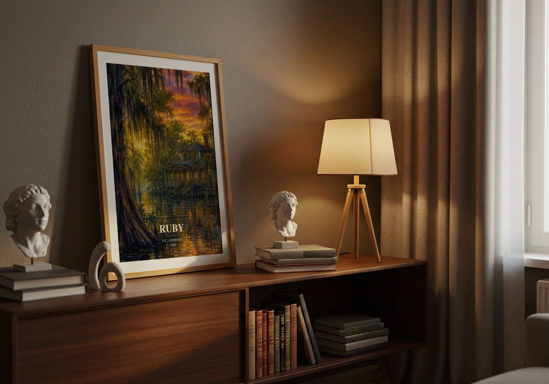Ruby watercolour print on bookshelf – V.C. Andrews fan gift