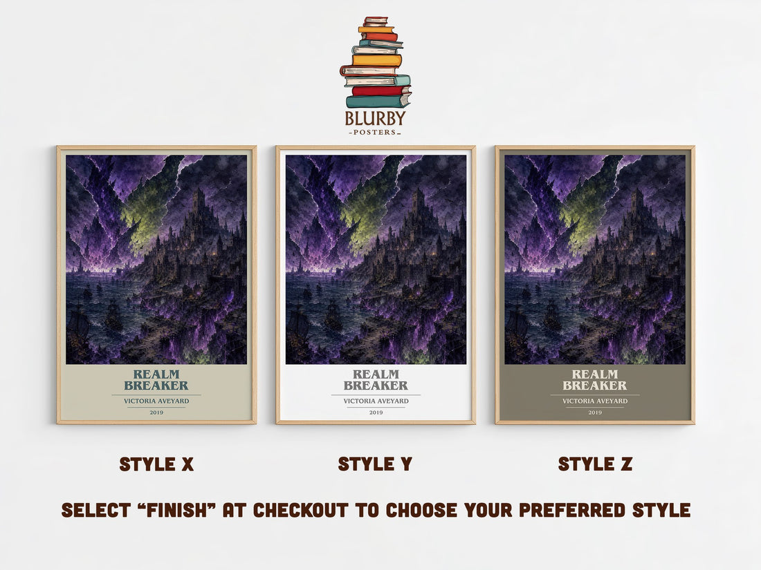 Realm Breaker book cover print in frame leaning in hallway – fantasy wall art (mockup)