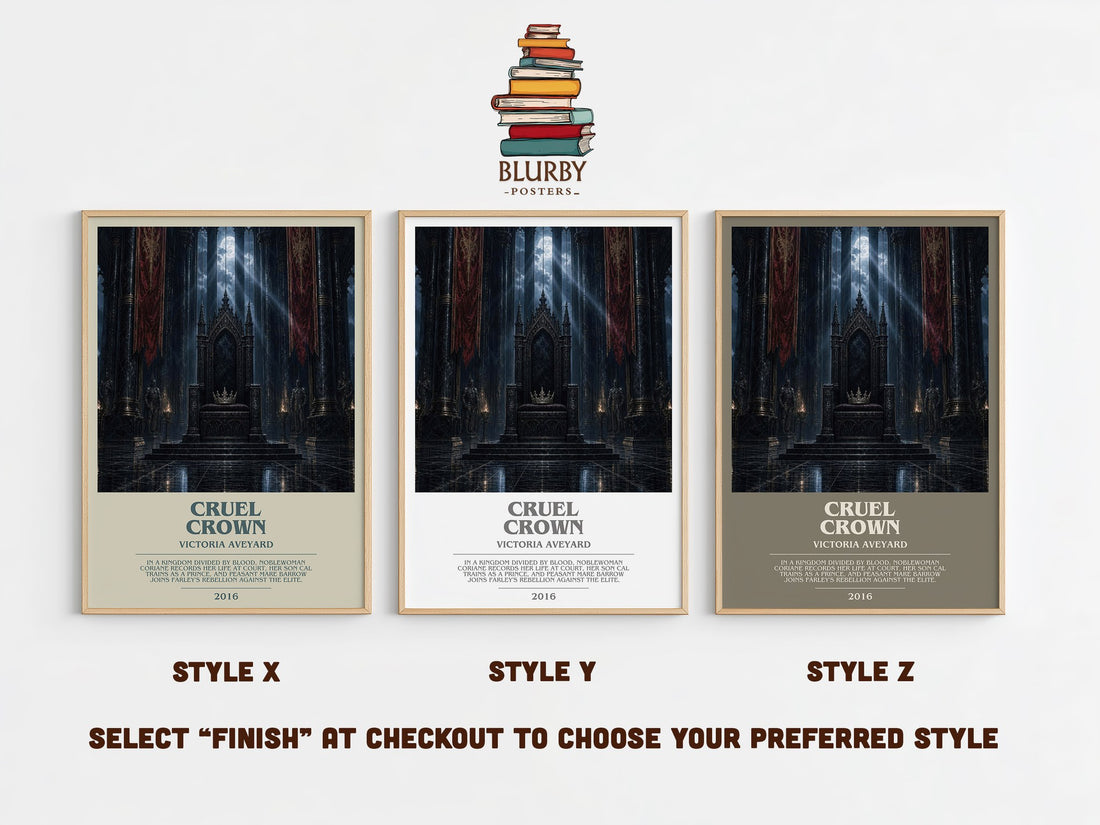 Cruel Crown bookish print in frame leaning in hallway – dystopian wall art (mockup)