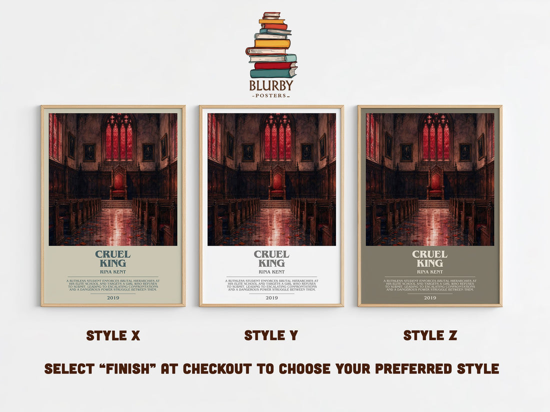 Cruel King bookish print in frame leaning in hallway – romance wall art (mockup)