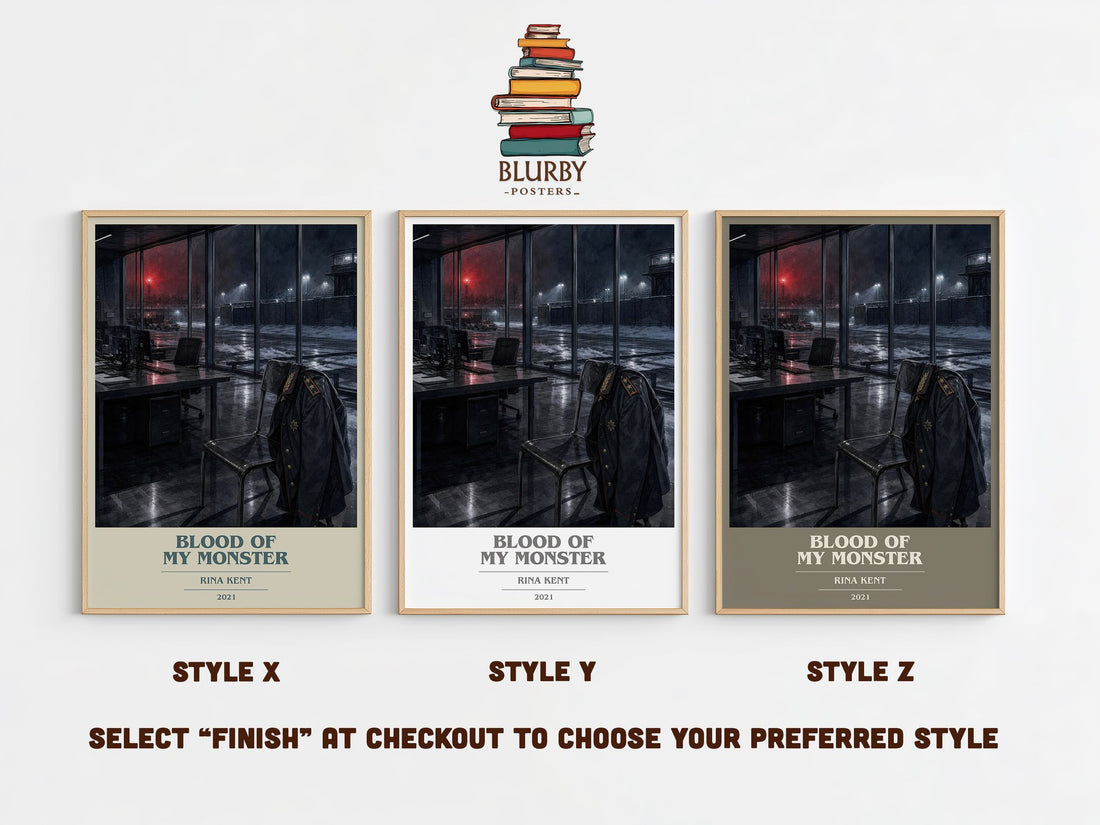 Blood of my Monster book cover print in frame leaning in hallway – romance wall art (mockup)