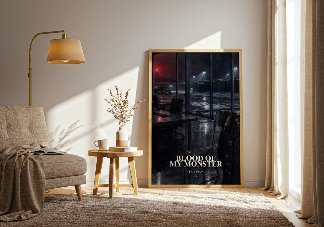 Blood of my Monster watercolour print in frame leaning in hallway – romance wall art