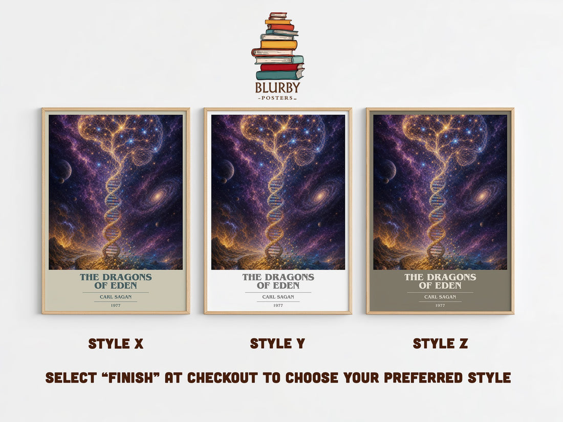 The Dragons of Eden book cover print in frame leaning in hallway – non fiction wall art (mockup)