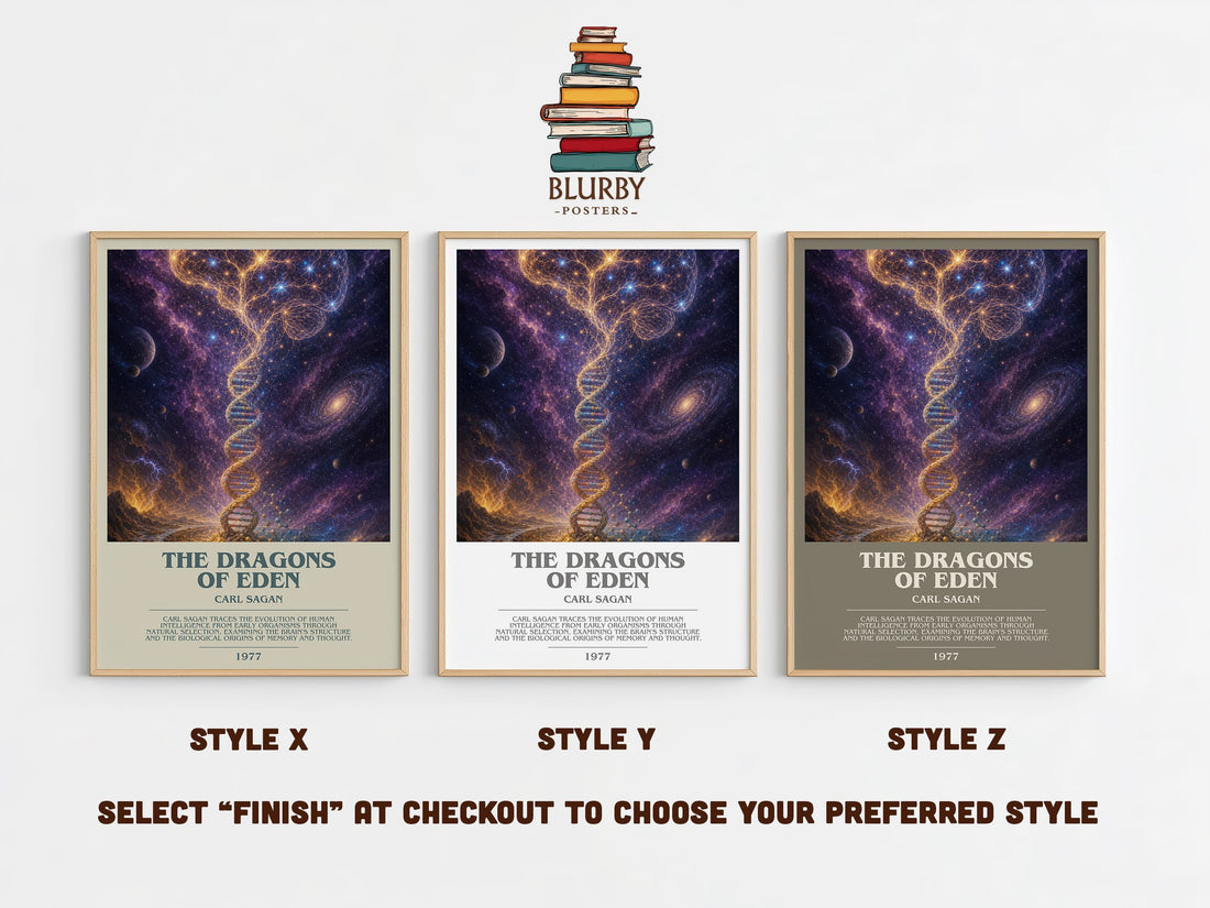 The Dragons of Eden bookish print in frame leaning in hallway – non fiction wall art (mockup)