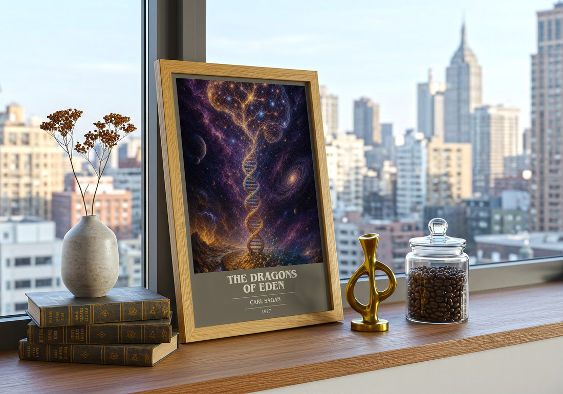 The Dragons of Eden book cover print framed by window – literary home decor