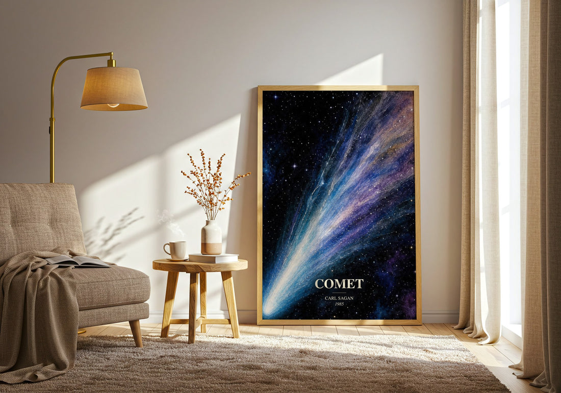 Comet watercolour print in frame leaning in hallway – non fiction wall art