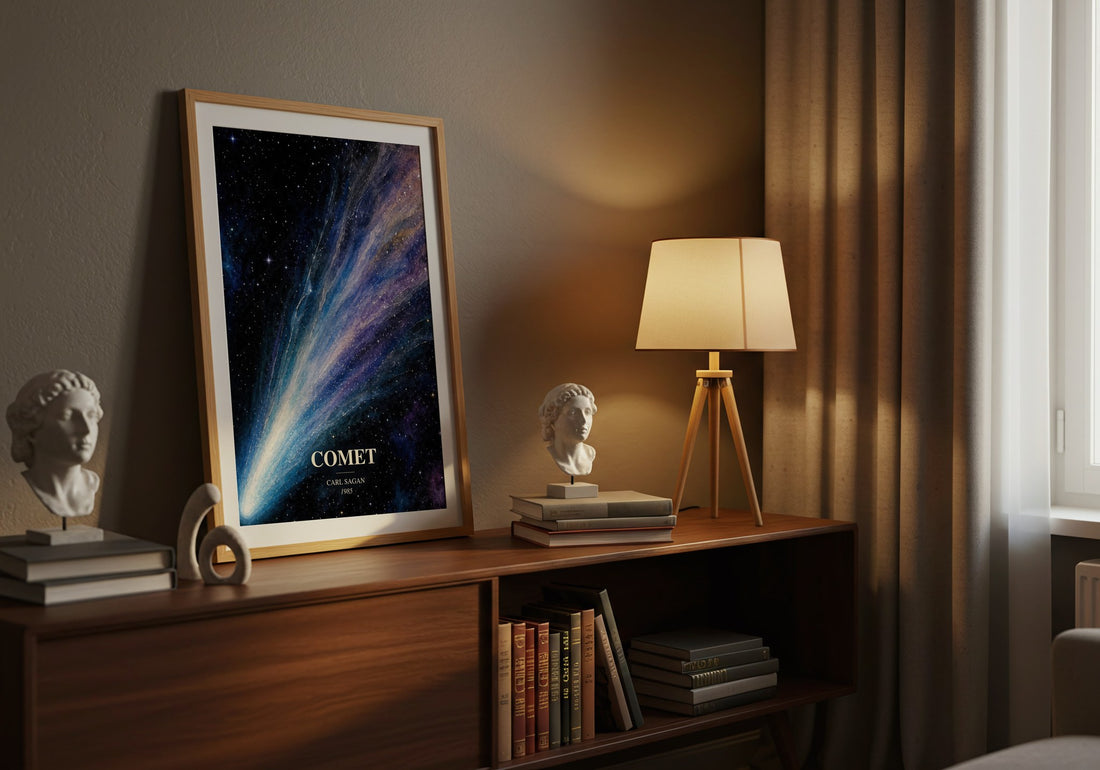 Comet watercolour print on bookshelf – Carl Sagan fan gift