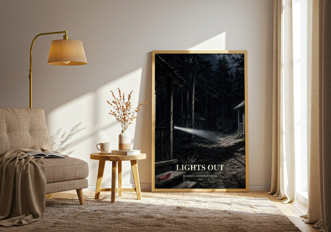Lights Out watercolour print in frame leaning in hallway – horror wall art