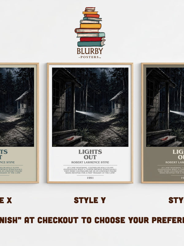 Lights Out bookish print in frame leaning in hallway – horror wall art