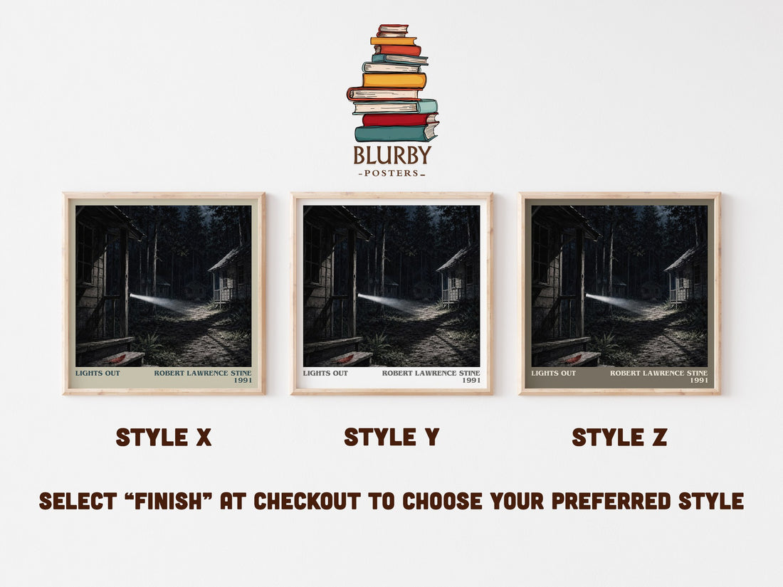 Lights Out literary print in frame leaning in hallway – horror wall art (mockup)