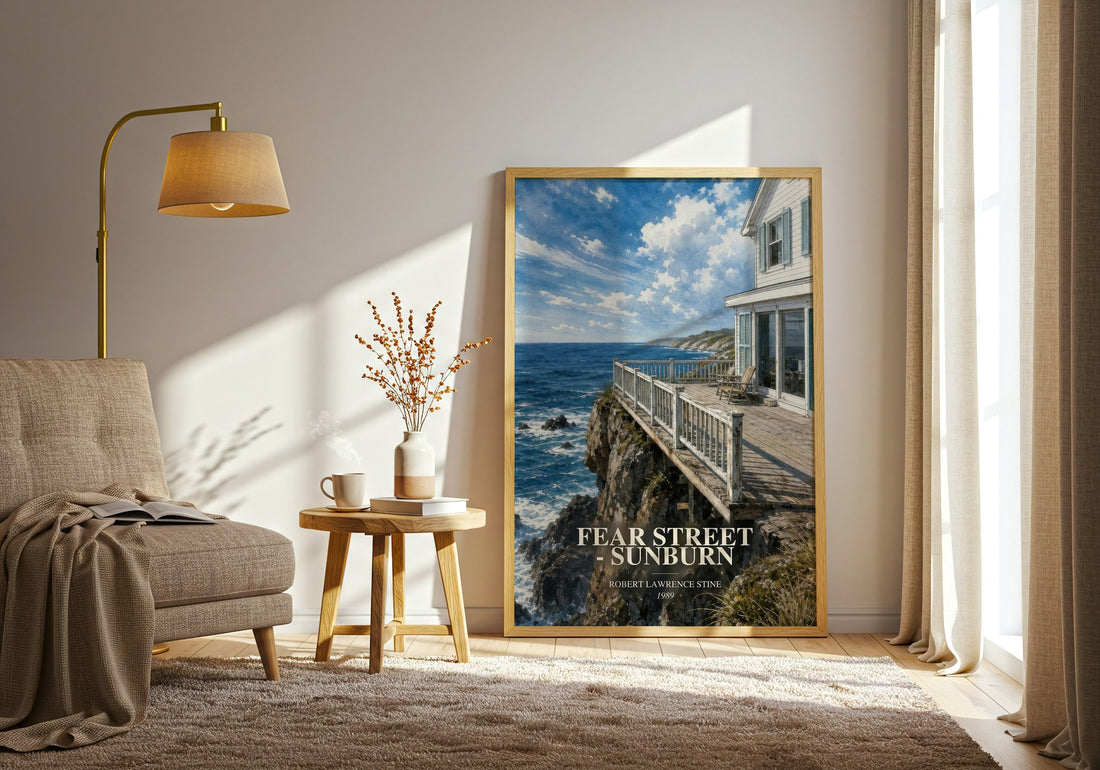 Fear Street - Sunburn watercolour print in frame leaning in hallway – young adult wall art
