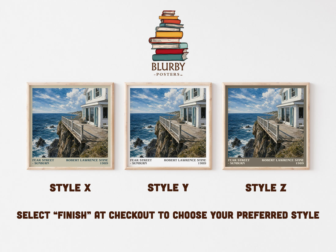 Fear Street - Sunburn literary print in frame leaning in hallway – young adult wall art (mockup)
