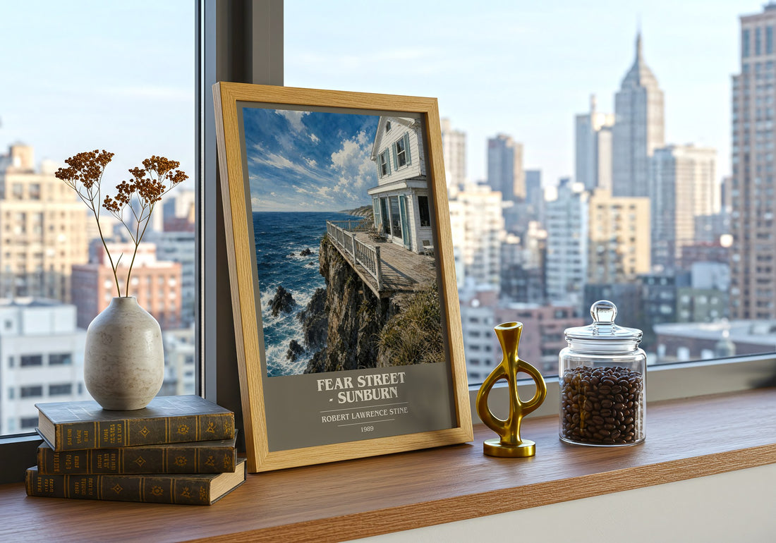 Fear Street - Sunburn book cover print framed by window – literary home decor