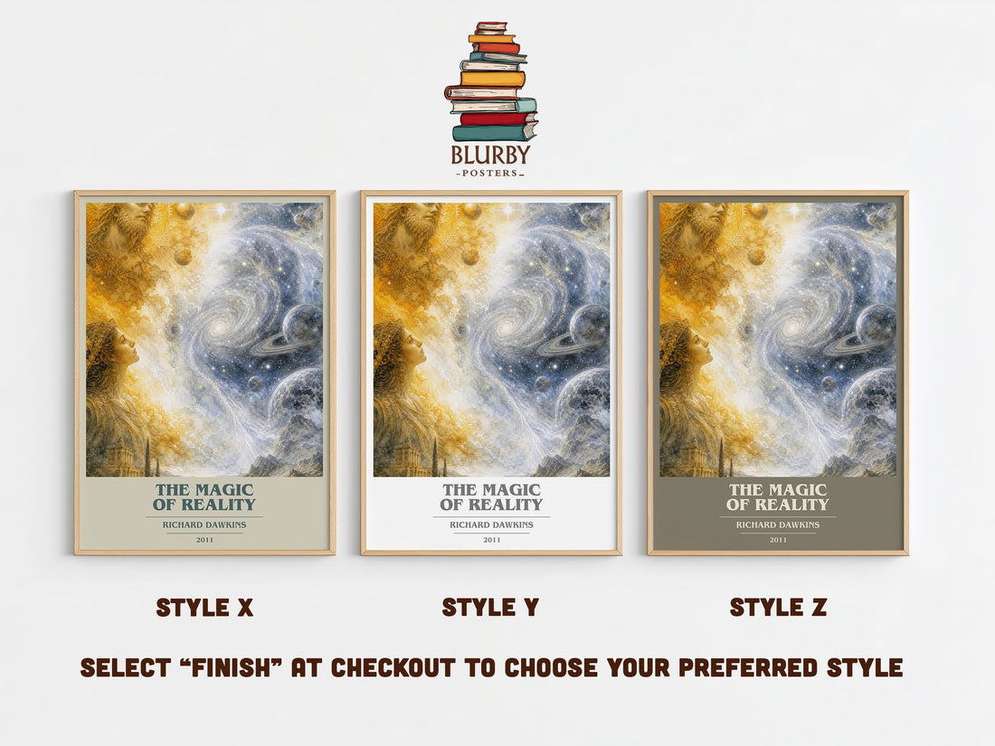 The Magic of Reality book cover print in frame leaning in hallway – non fiction wall art (mockup)
