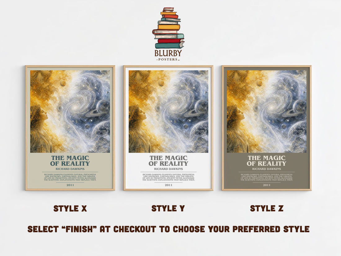 The Magic of Reality bookish print in frame leaning in hallway – non fiction wall art (mockup)