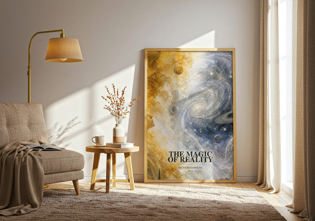 The Magic of Reality watercolour print in frame leaning in hallway – non fiction wall art