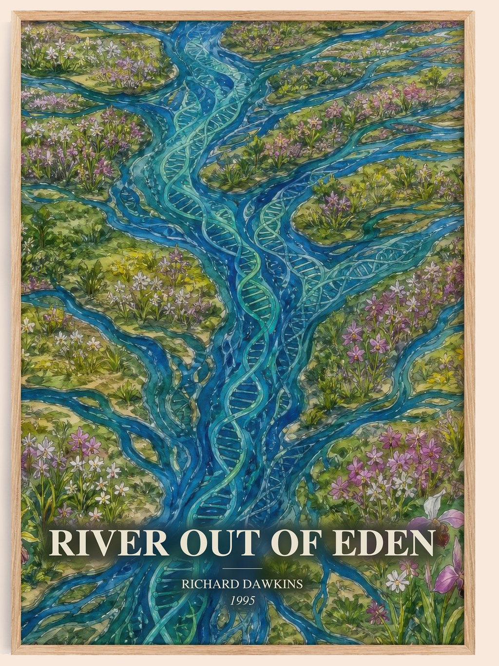 River out of Eden watercolour book poster by Richard Dawkins – framed literary art print