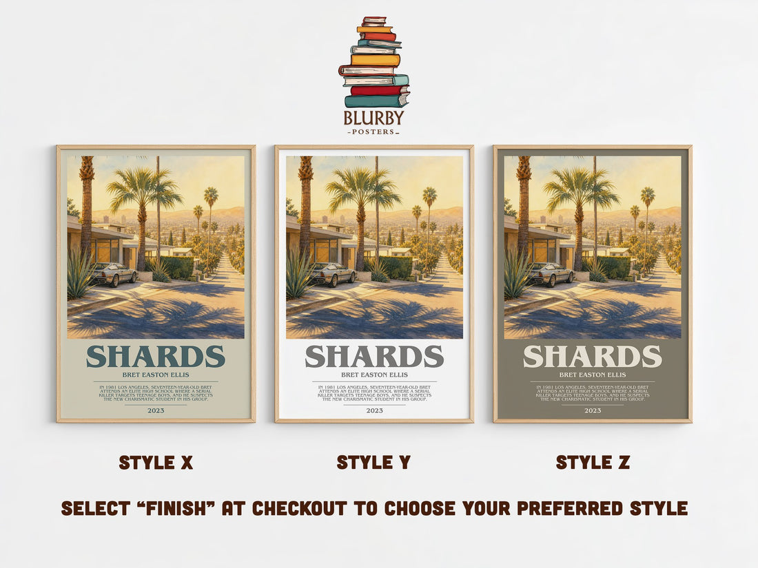 Shards bookish print in frame leaning in hallway – contemporary fiction wall art (mockup)