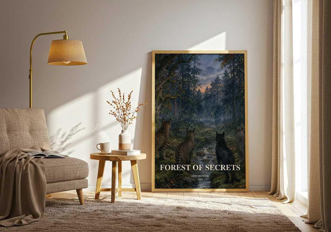 Forest of Secrets watercolour print in frame leaning in hallway – fantasy wall art