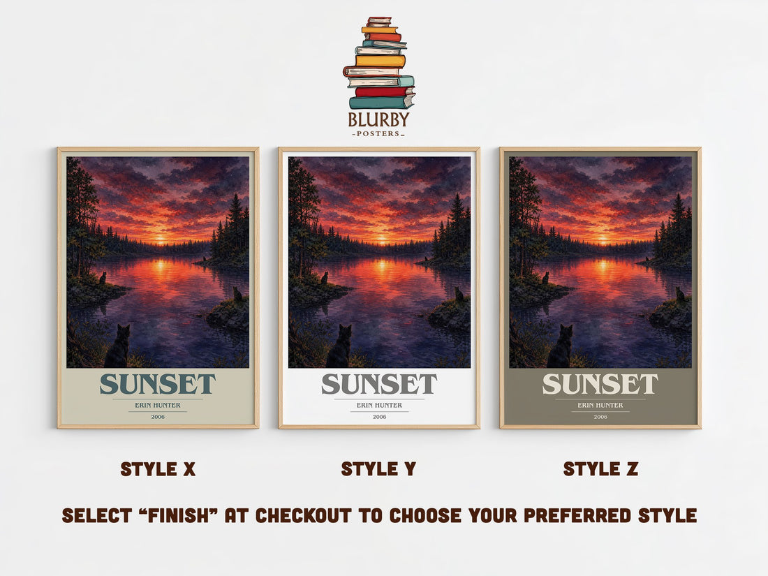 Sunset book cover print in frame leaning in hallway – fantasy wall art (mockup)