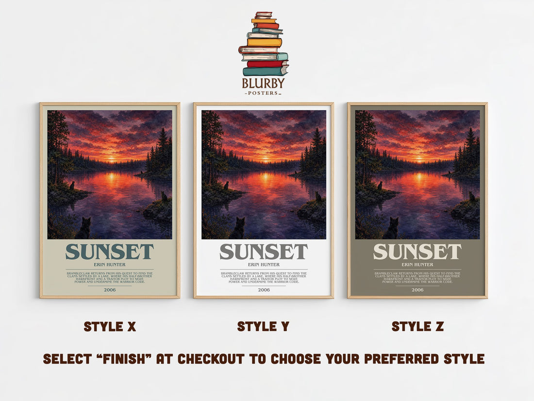 Sunset bookish print in frame leaning in hallway – fantasy wall art (mockup)