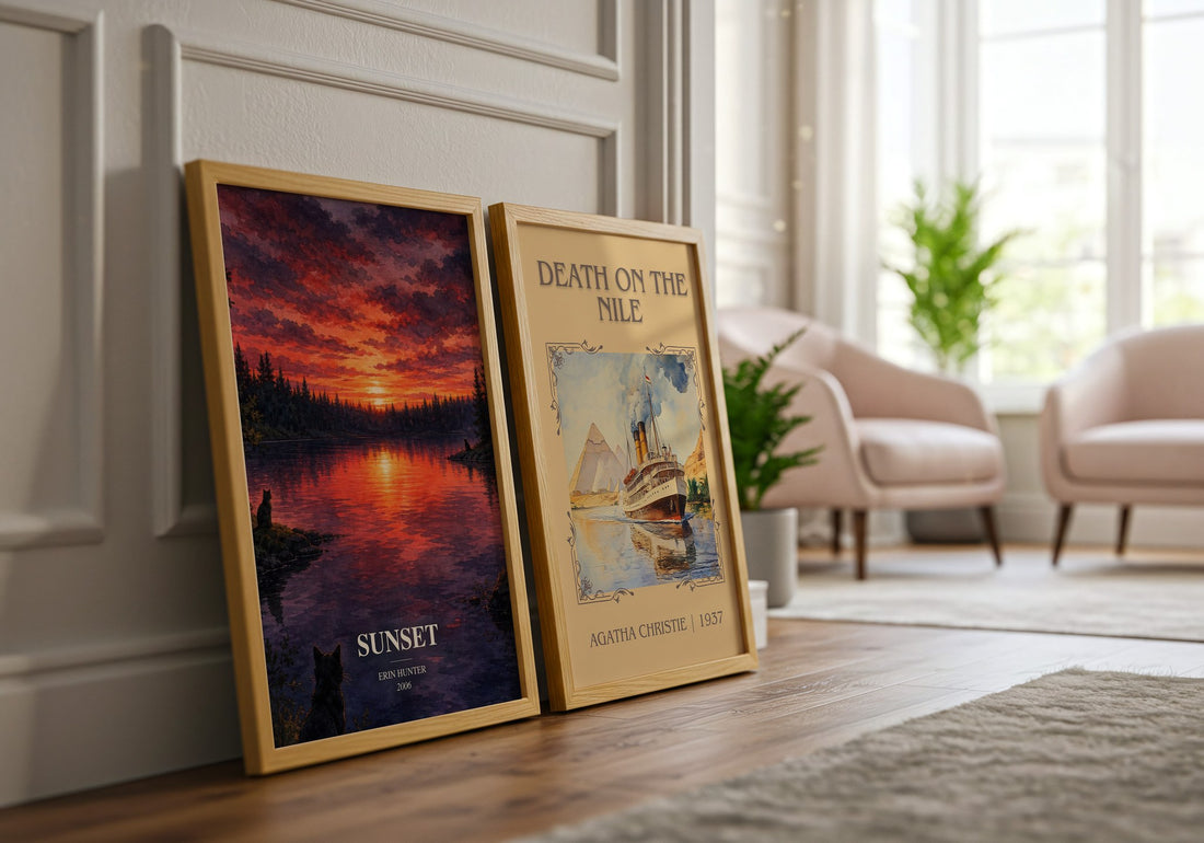 Sunset watercolour print framed by window – literary home decor
