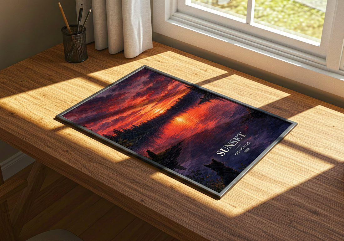 Sunset watercolour book poster framed on wall – fantasy wall art