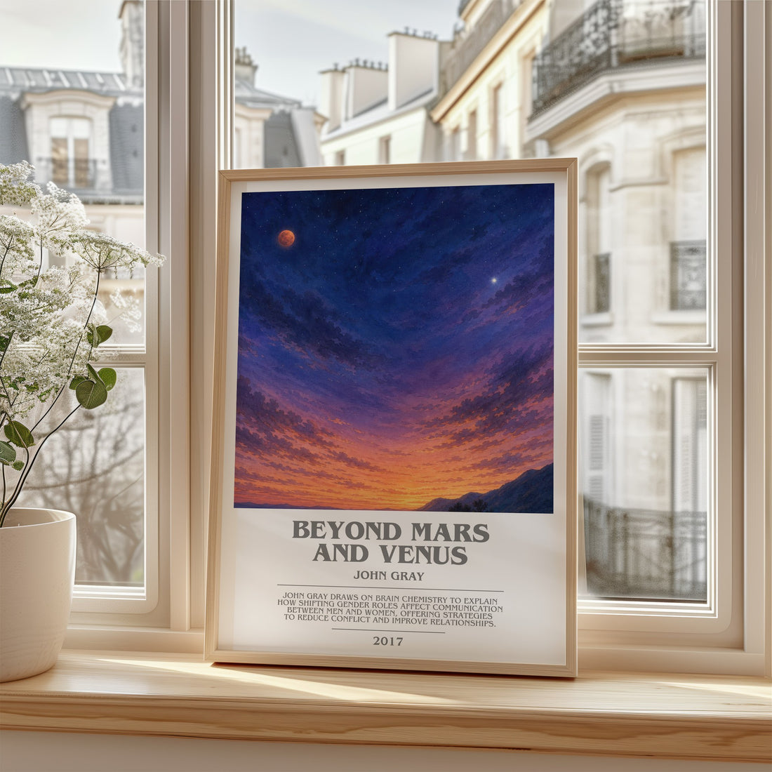 Beyond Mars and Venus bookish poster colour and style options – John Gray book art (mockup)