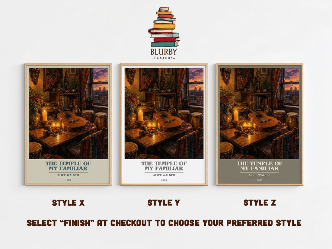 The Temple of My Familiar book cover print in frame leaning in hallway – literary fiction wall art (mockup)